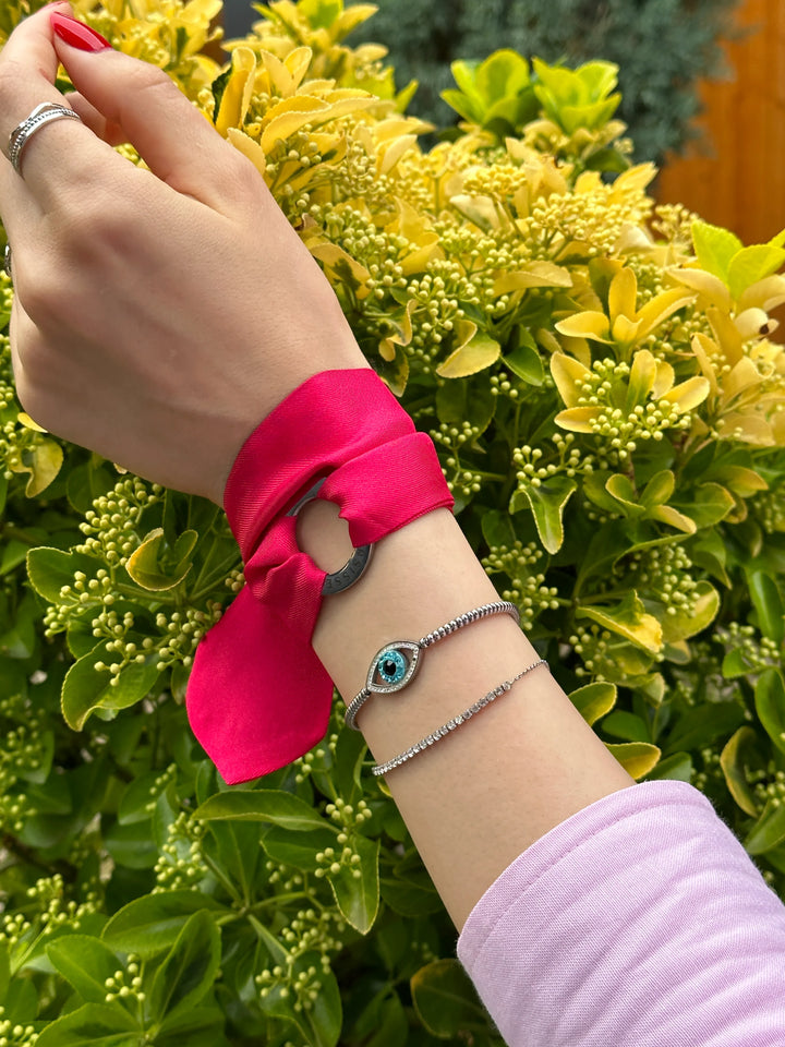 bratara din matase fuchsia cu inel argintiu